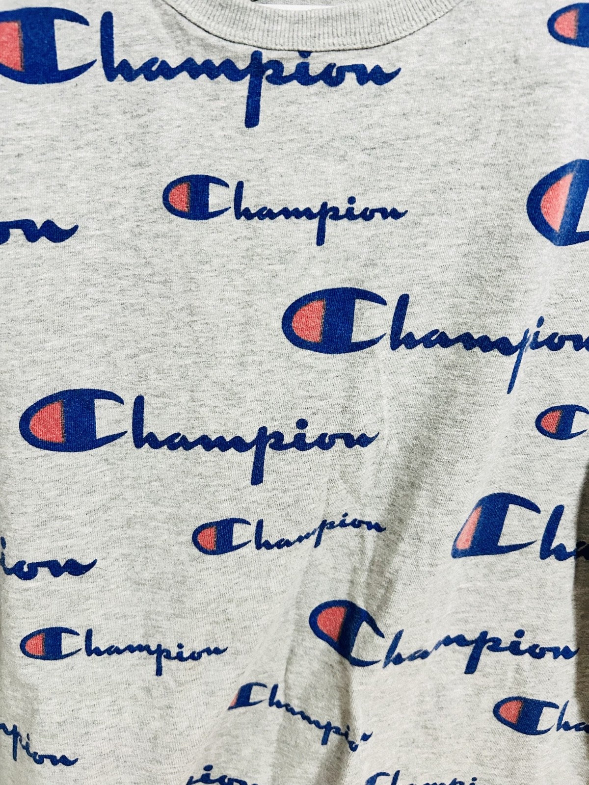Champion All Over Logo Print T-Shirt Men’s Large Grey Streetwear Tee