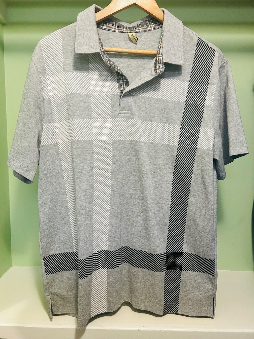 Pinkmarco Mens Gray Plaid Polo Shirt Short Sleeve Casual Size L