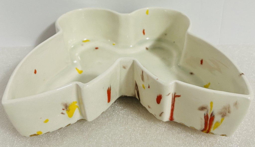 Vintage Splatter Art Pottery Butterfly Dish & Bird Bell Set 3pc