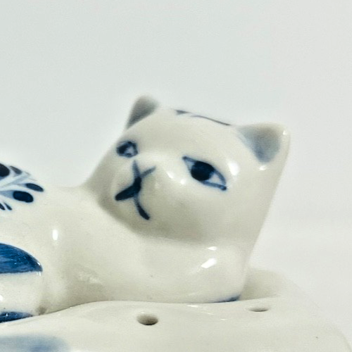 Vintage Delft Blue Cat Figurine on Base Holland Hand Painted