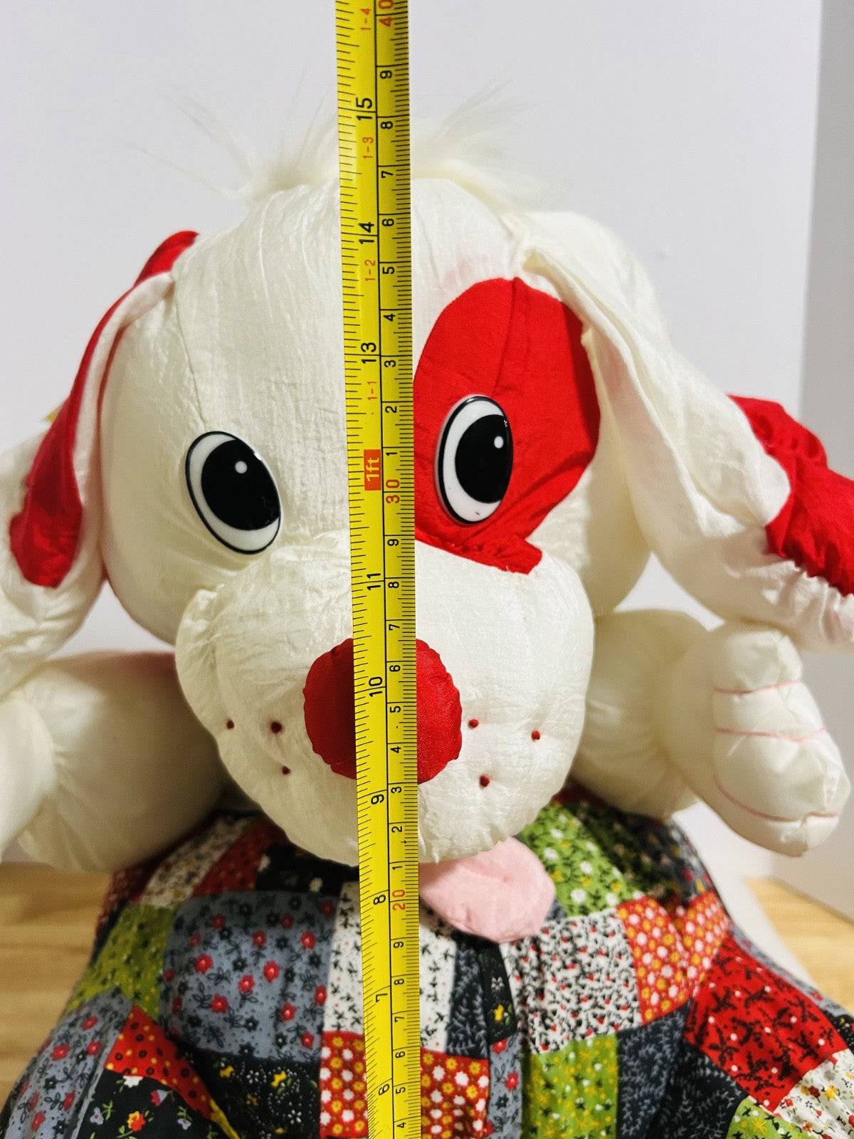 Vintage Large Plush Dog Patchwork Dress Red White 24” Stuffed Animal