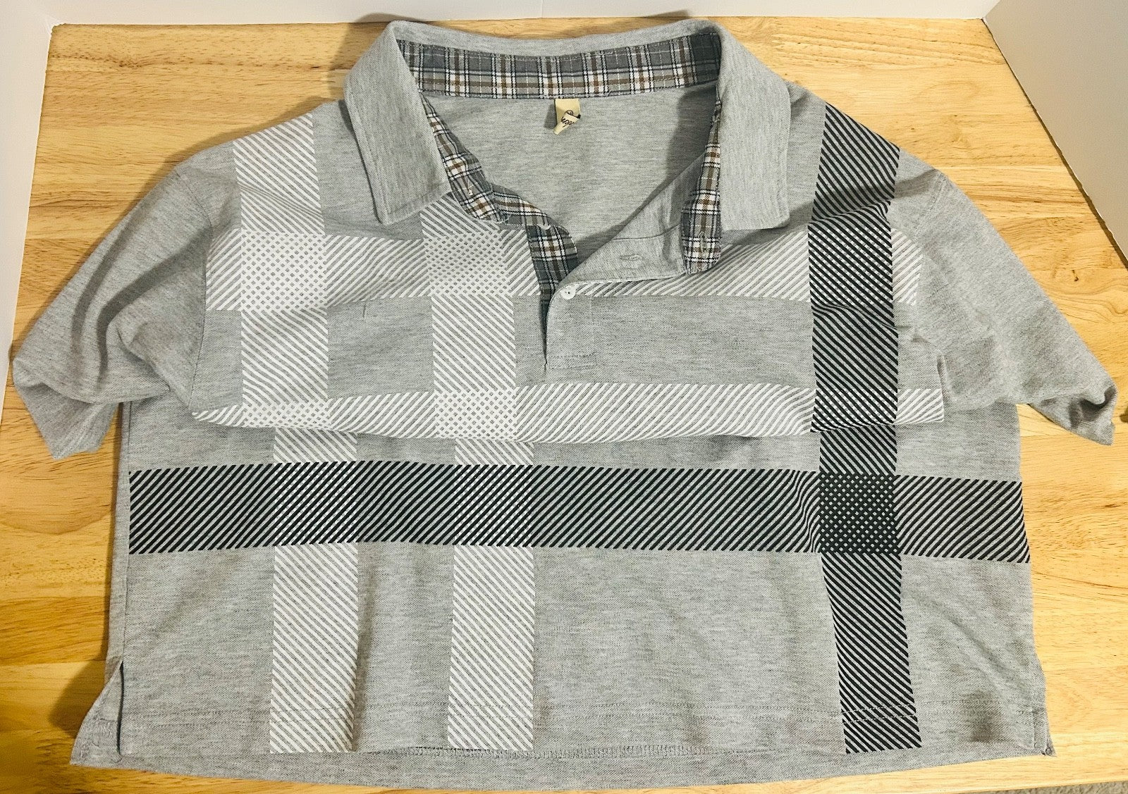 Pinkmarco Mens Gray Plaid Polo Shirt Short Sleeve Casual Size L
