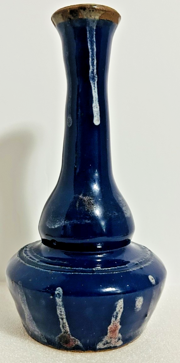 Vintage Studio Pottery Blue Drip Glaze Bud Vase Signed 8.5"