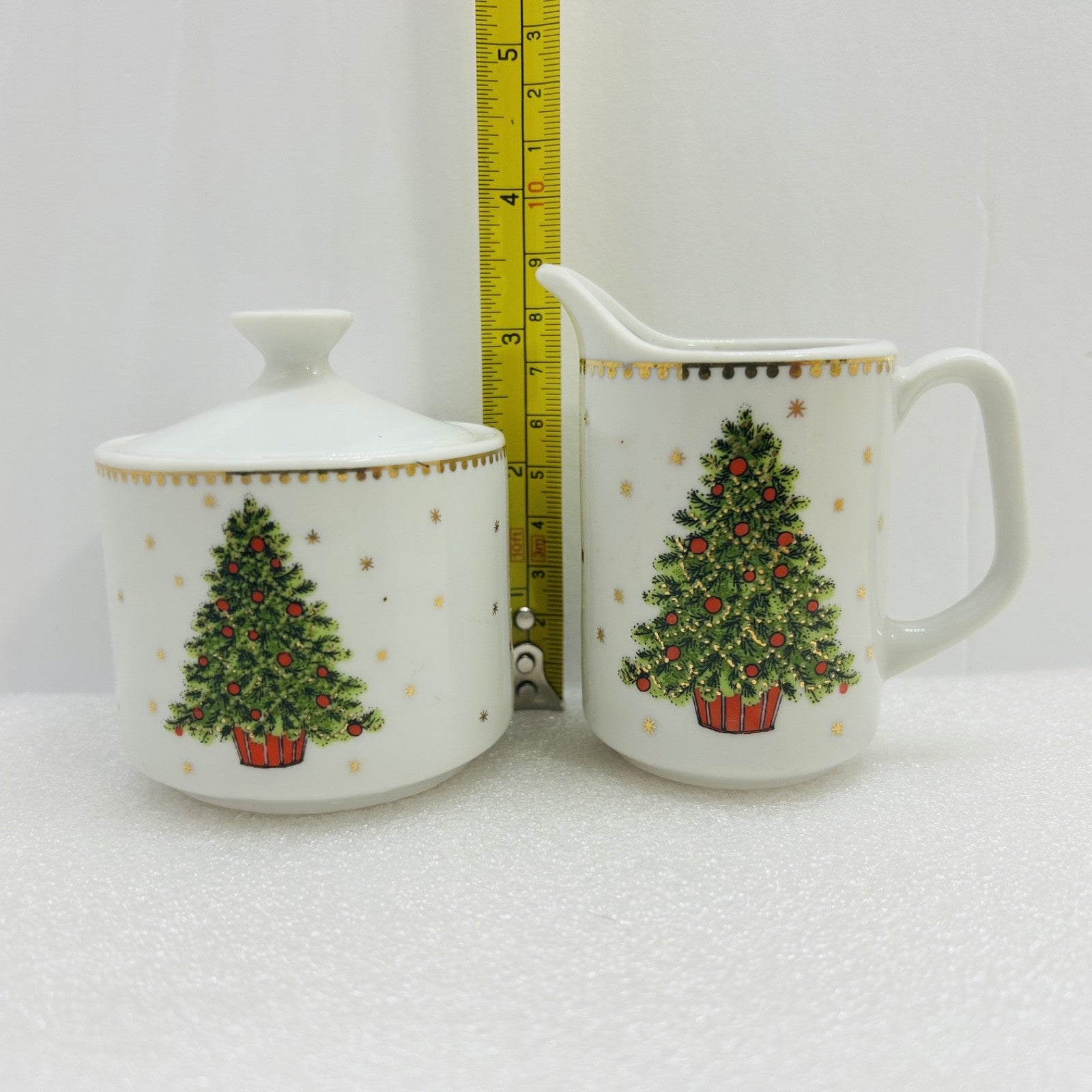 Vintage George Good Japan Christmas Tree Creamer Sugar Set Gold Trim