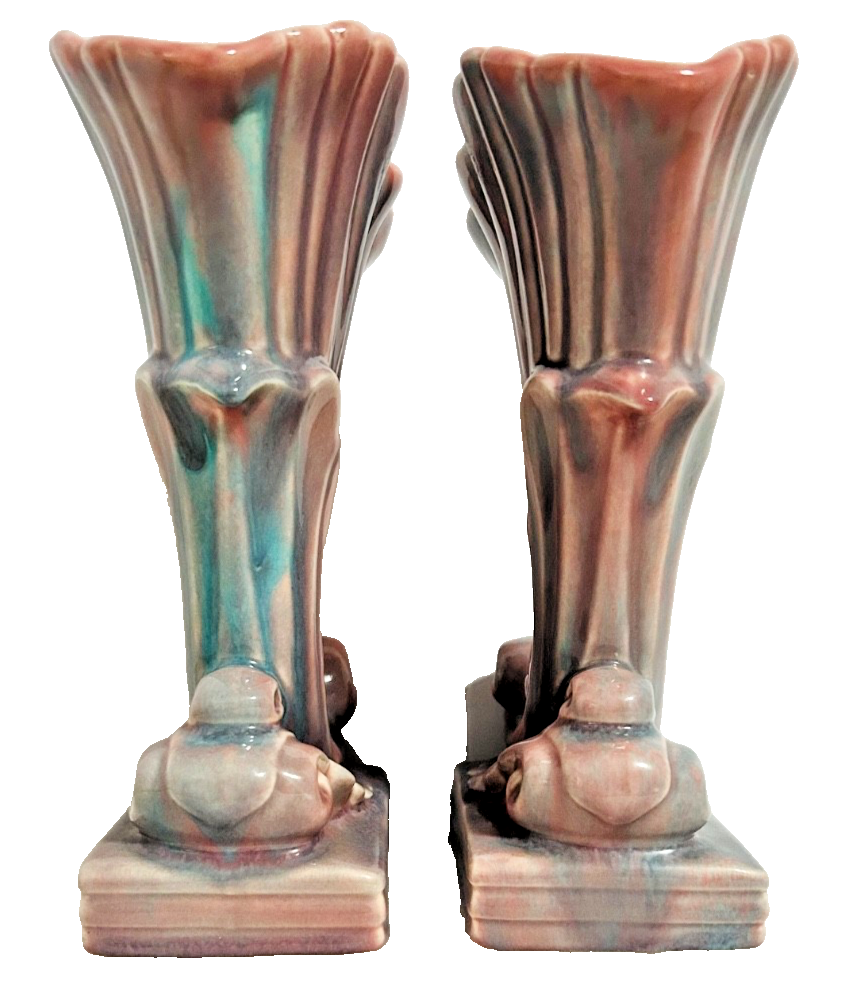 Vintage Pink & Blue Ceramic Cornucopia Vases Pair Art Deco Style