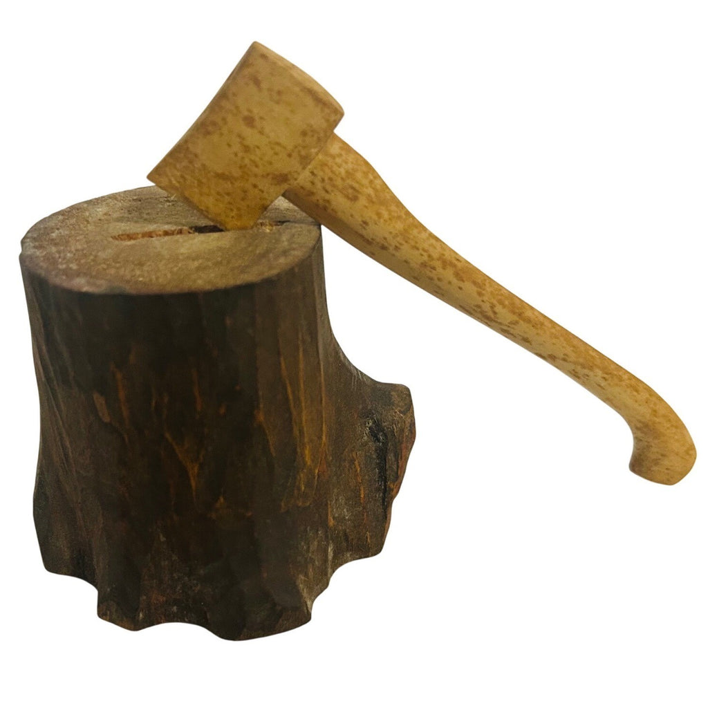 Hand Carved Wood Axe and Tree Stump Desk Decor Miniature Collectible
