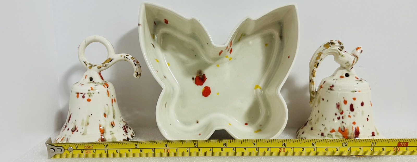 Vintage Splatter Art Pottery Butterfly Dish & Bird Bell Set 3pc