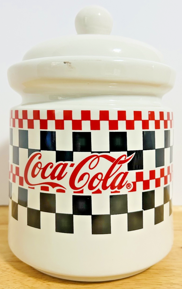Vintage Coca-Cola Checkerboard Stoneware Canister Set of 4 w/ Lids & Box