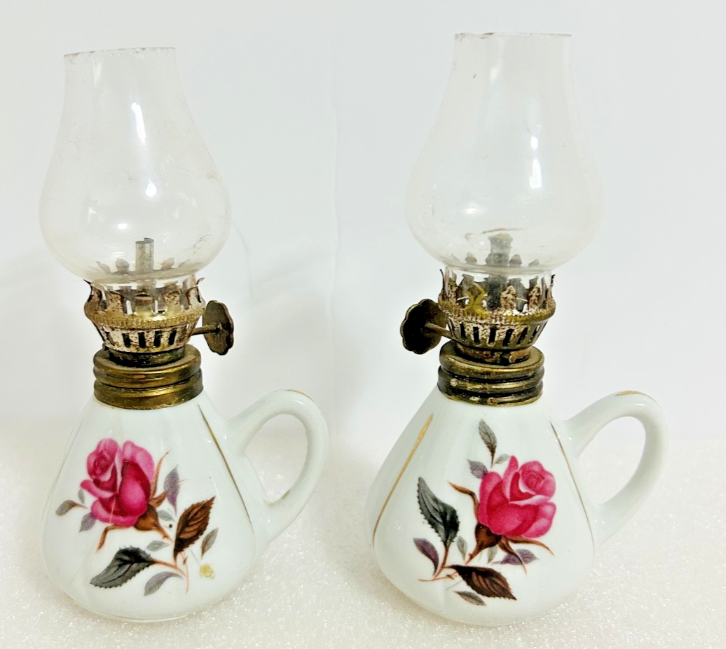 Vintage Mini Oil Lamps Pair Porcelain Floral Rose Hong Kong Glass Chimney