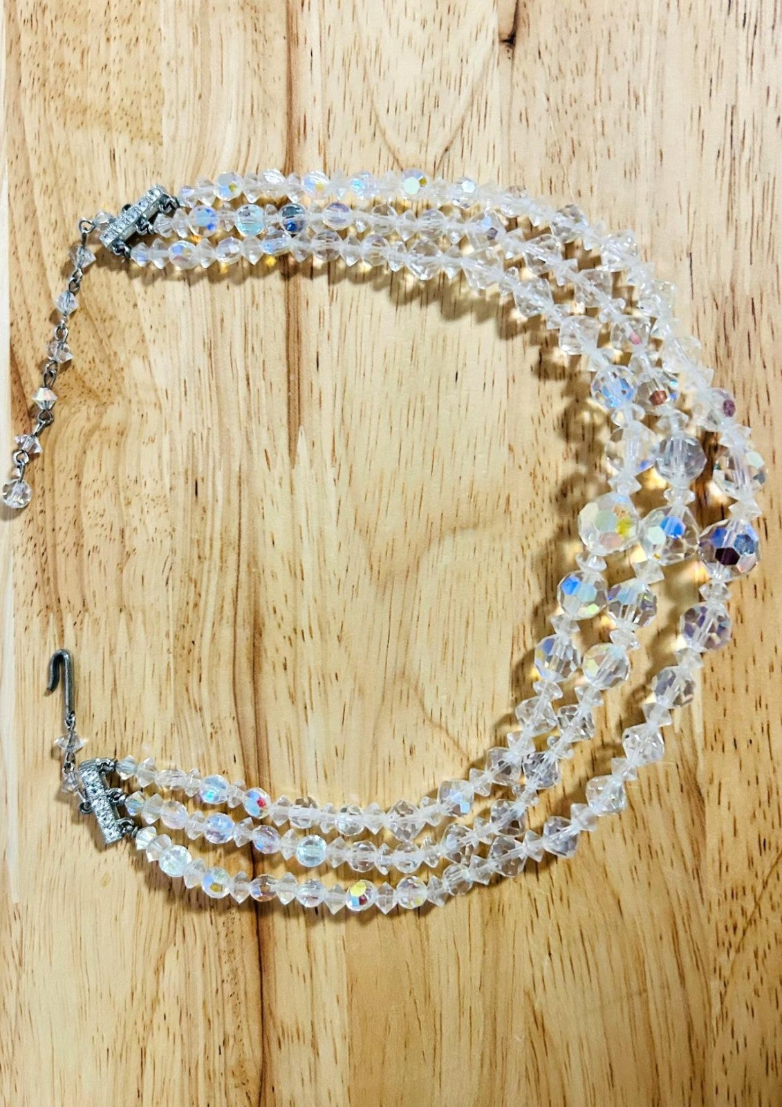 Vintage Aurora Borealis Triple Strand Crystal Beaded Necklace w/ Pouch