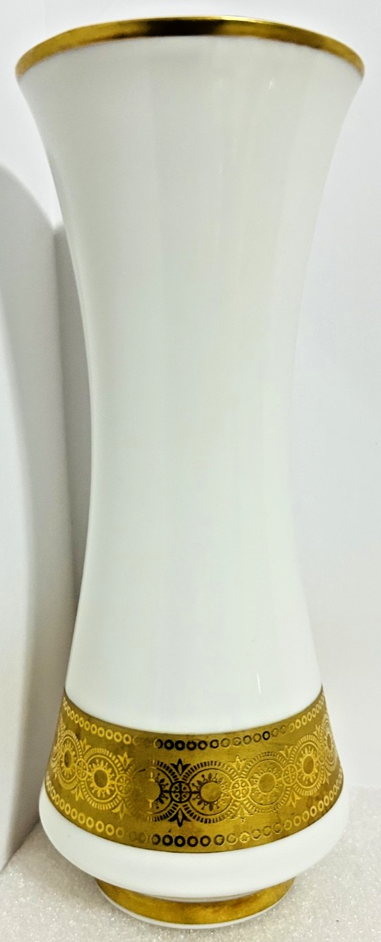 Vohenstrauss Bavaria Gold Gilt Milk Glass Vases Set 8” & 6”