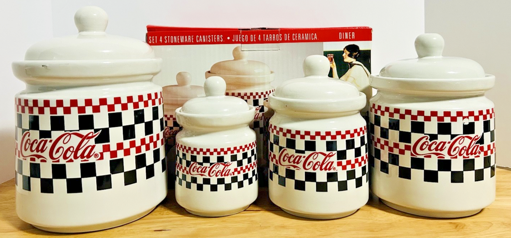 Vintage Coca-Cola Checkerboard Stoneware Canister Set of 4 w/ Lids & Box
