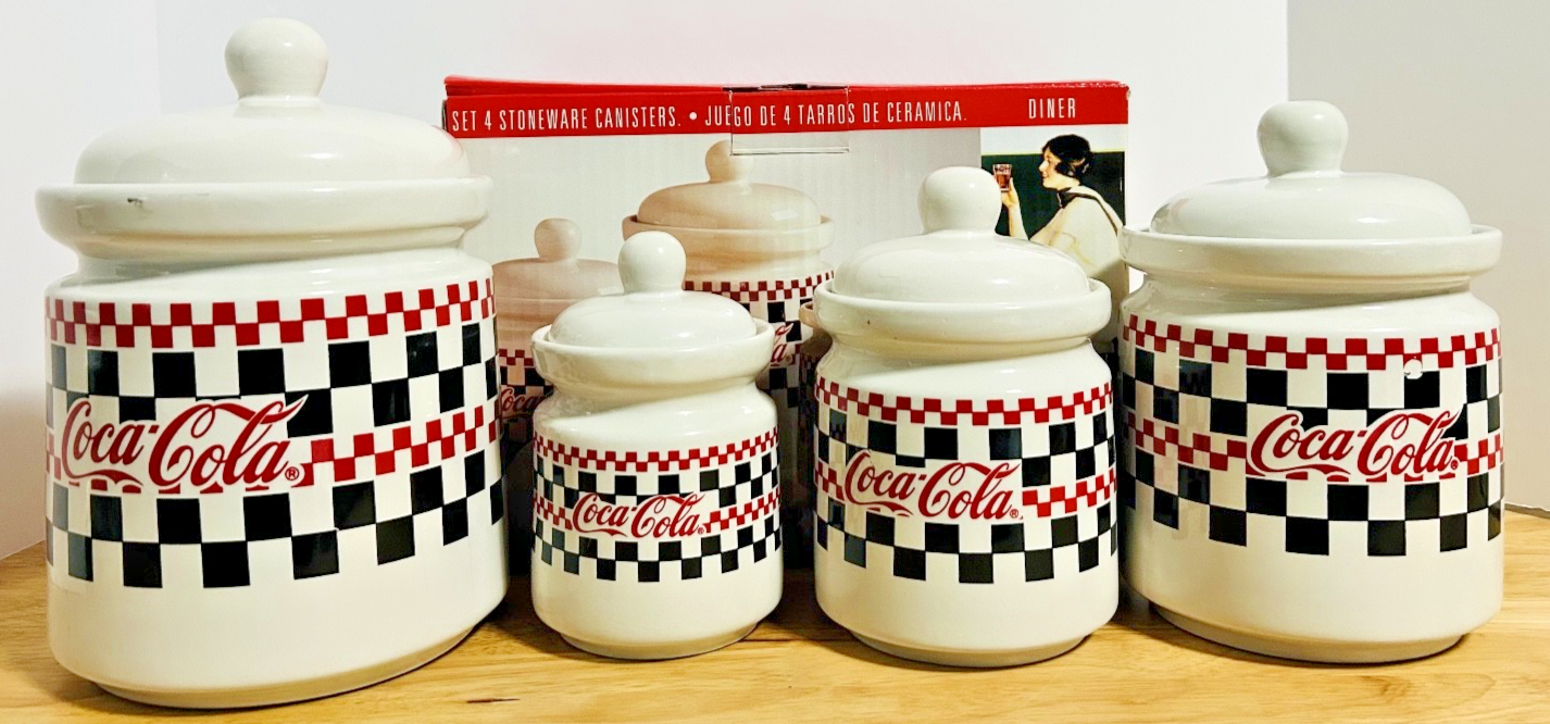 Vintage Coca-Cola Checkerboard Stoneware Canister Set of 4 w/ Lids & Box