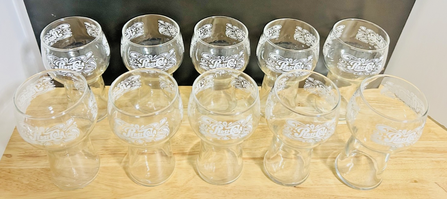 Set of 10 Pepsi-Cola Logo Glasses Vintage Promo Goblet Style Soda Cups