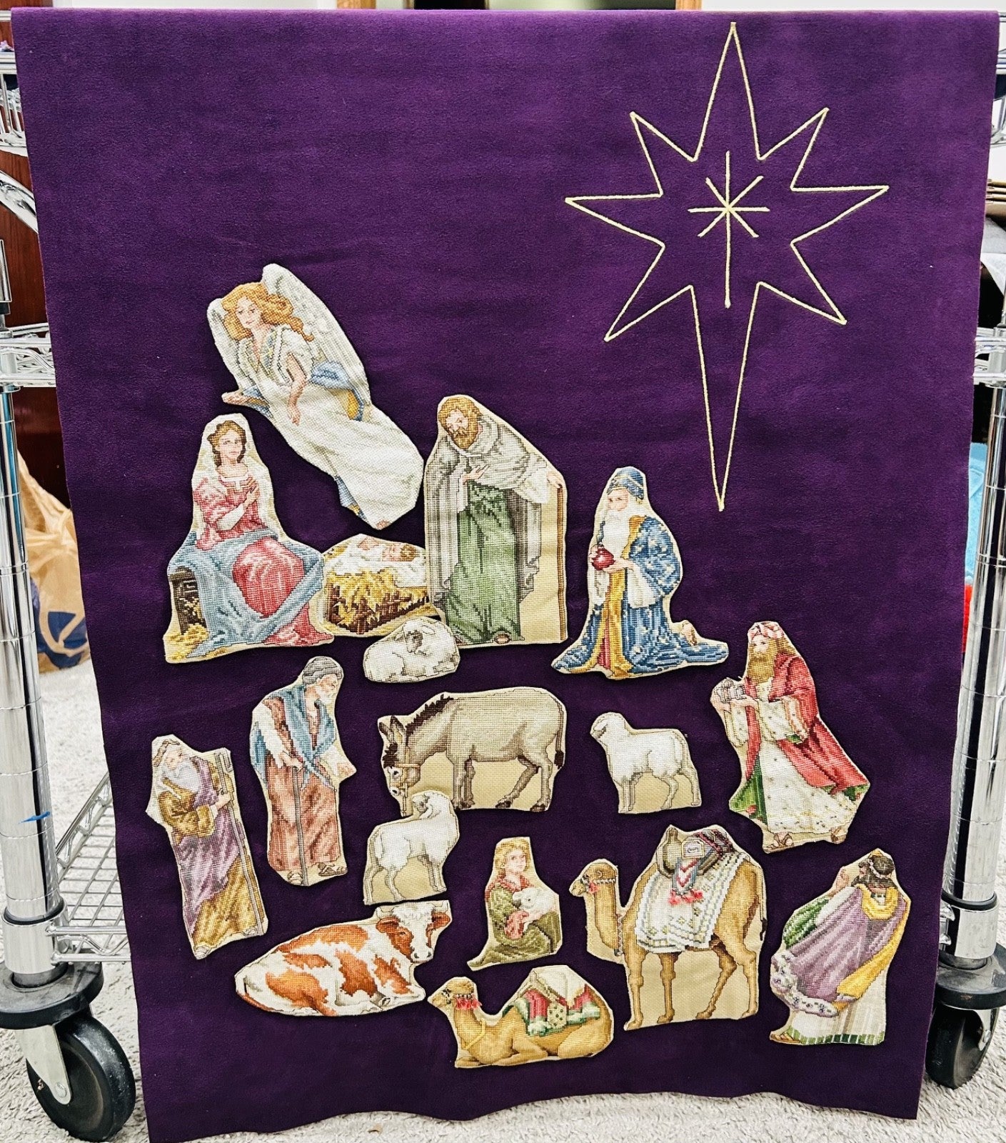Vintage Felt Nativity Wall Hanging 32in Purple Manger Scene