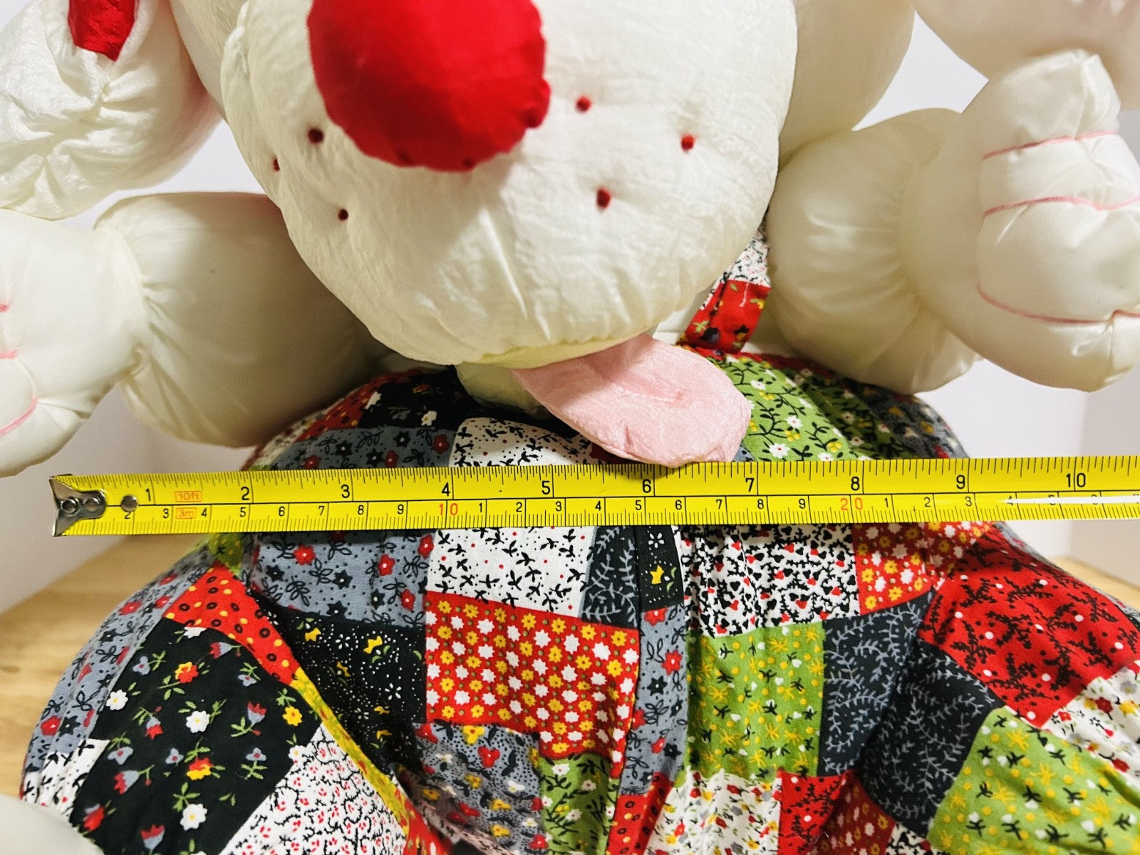 Vintage Large Plush Dog Patchwork Dress Red White 24” Stuffed Animal