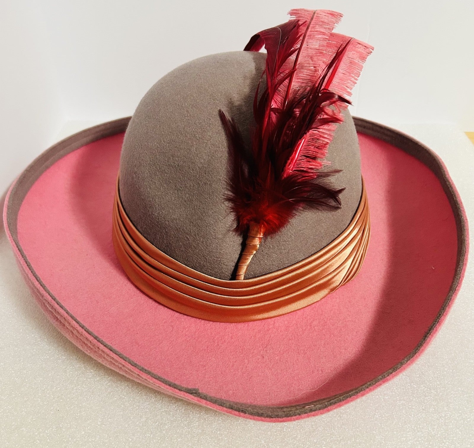Vintage Geo W Bollman Pink Wool Felt Hat Feather Doeskin USA
