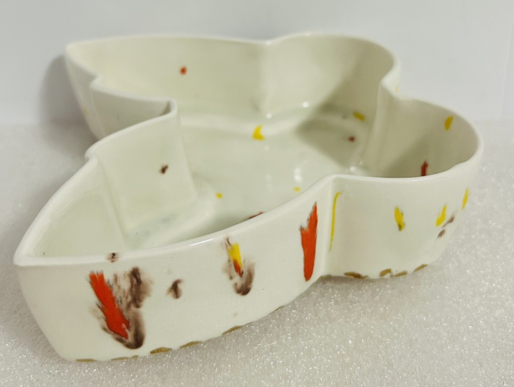 Vintage Splatter Art Pottery Butterfly Dish & Bird Bell Set 3pc