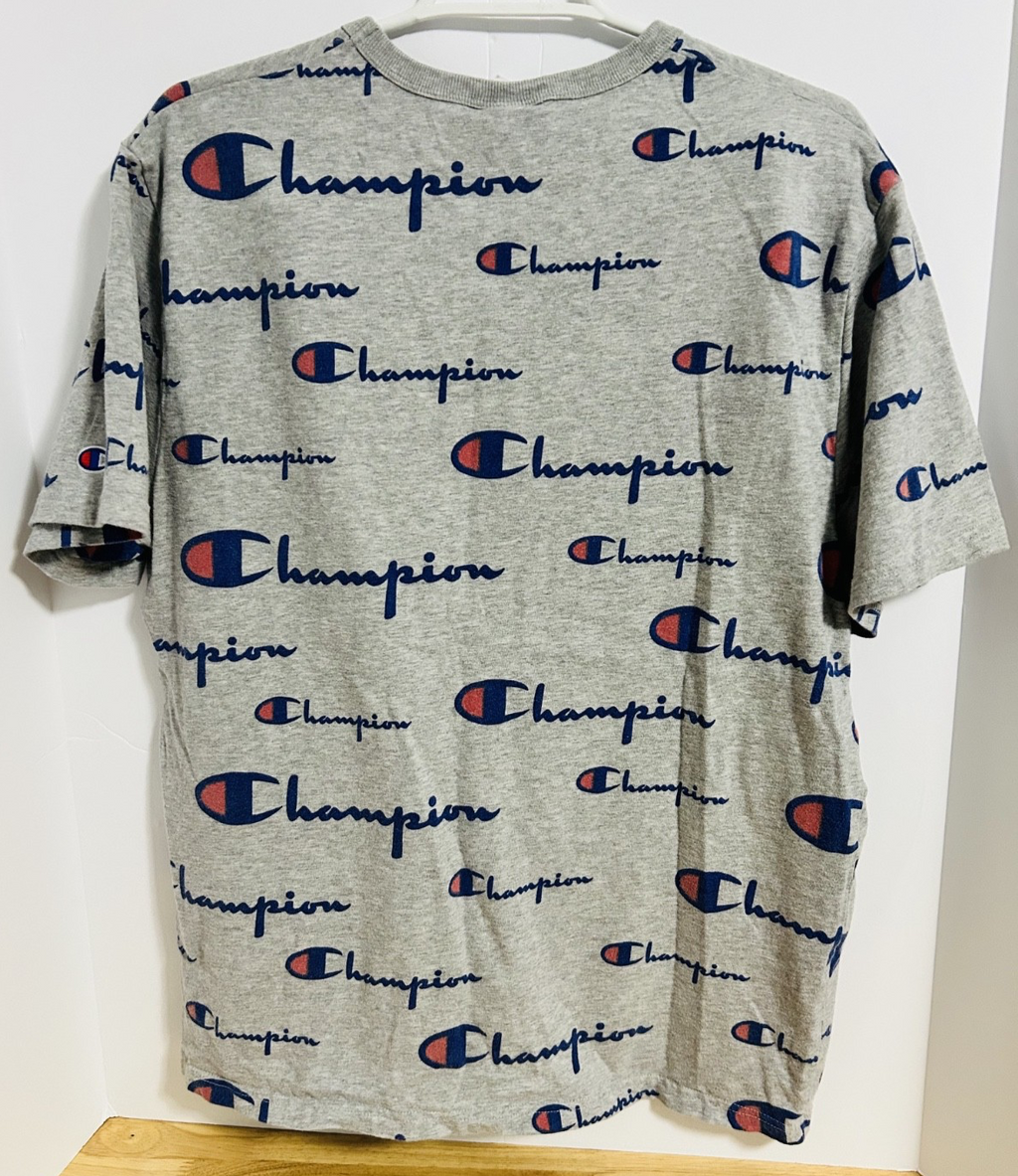 Champion All Over Logo Print T-Shirt Men’s Large Grey Streetwear Tee