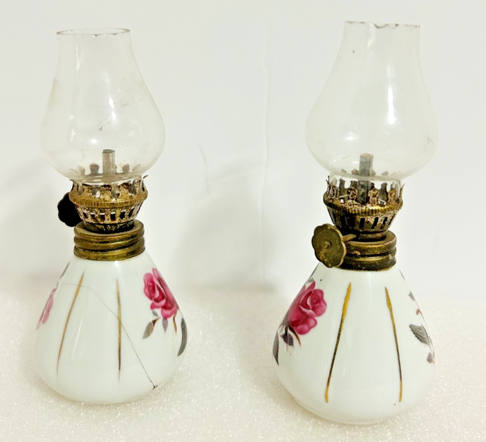 Vintage Mini Oil Lamps Pair Porcelain Floral Rose Hong Kong Glass Chimney