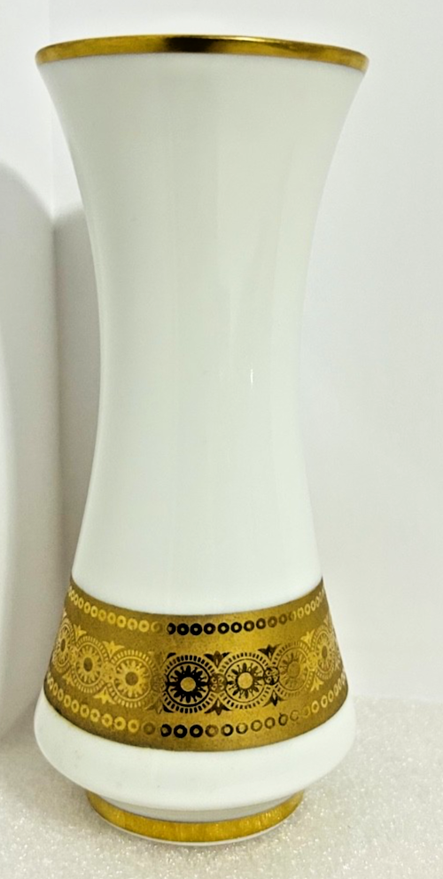Vohenstrauss Bavaria Gold Gilt Milk Glass Vases Set 8” & 6”