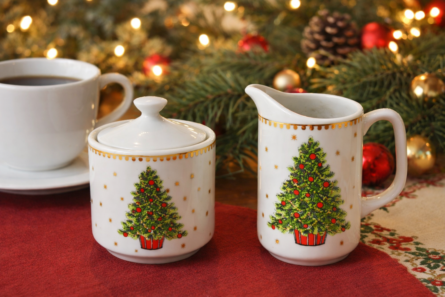 Vintage George Good Japan Christmas Tree Creamer Sugar Set Gold Trim