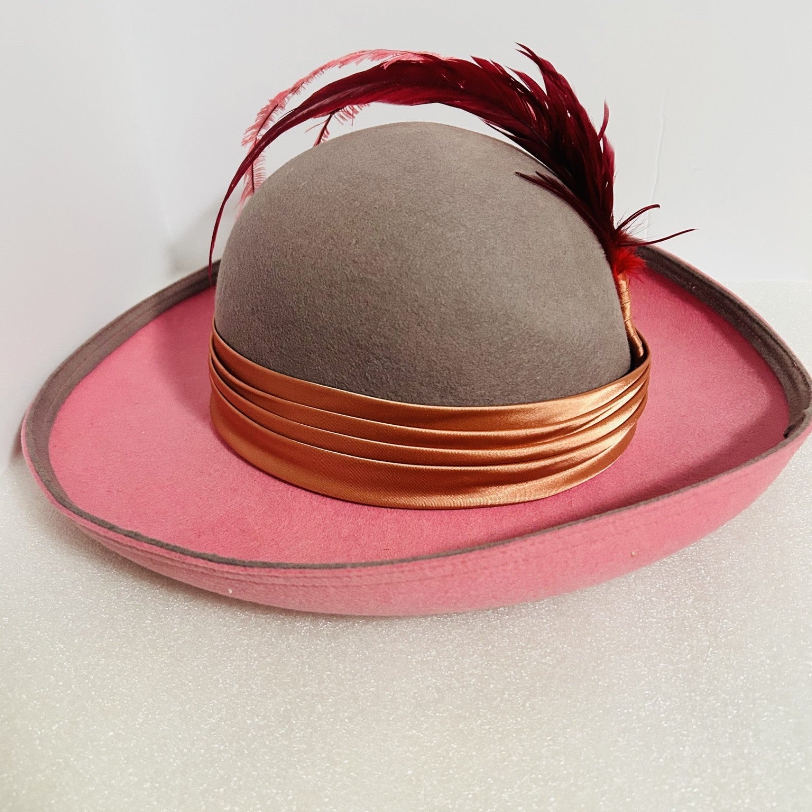 Vintage Geo W Bollman Pink Wool Felt Hat Feather Doeskin USA