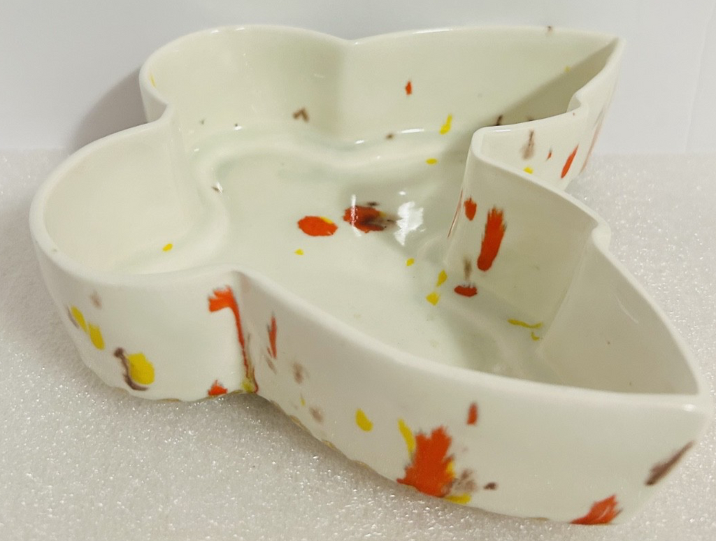 Vintage Splatter Art Pottery Butterfly Dish & Bird Bell Set 3pc