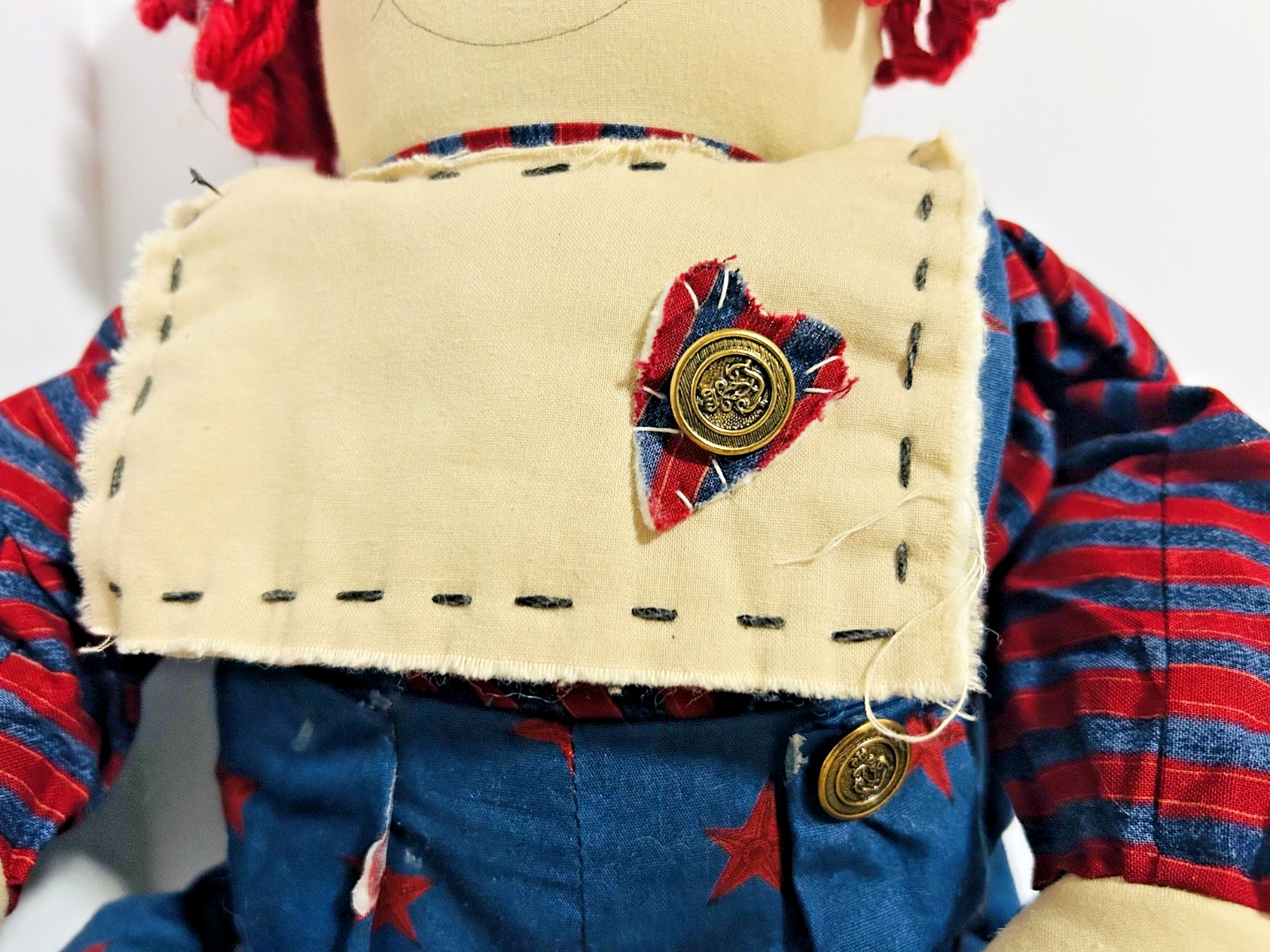 Vintage Handmade Raggedy Ann Style Cloth Doll Red Yarn Hair 20"