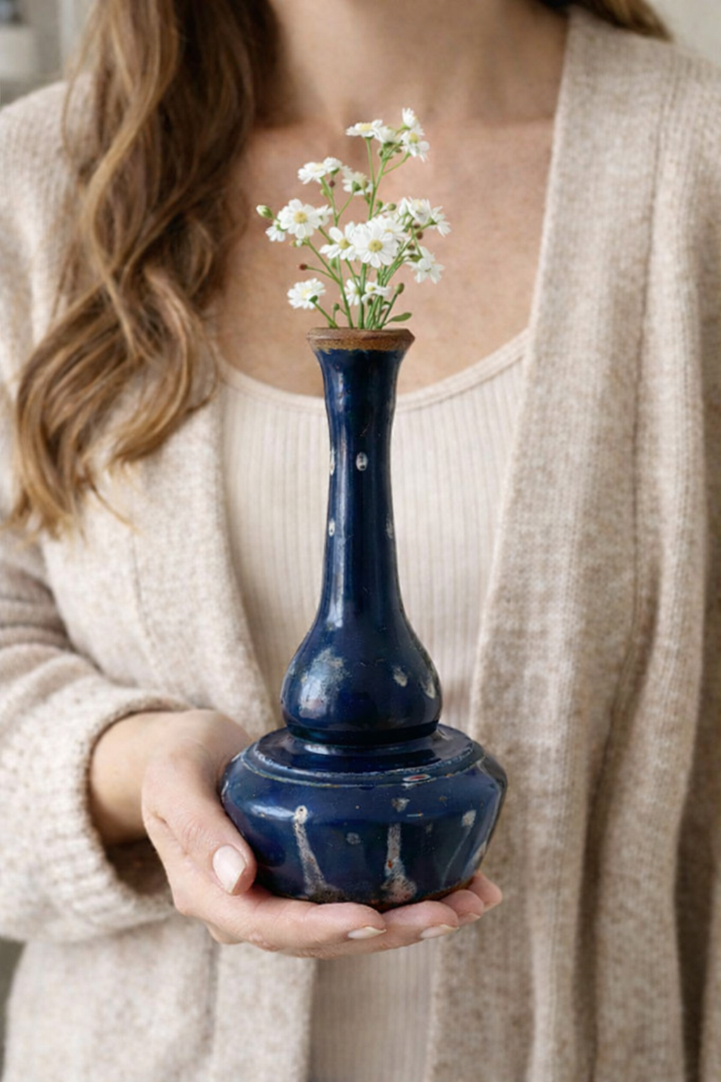 Vintage Studio Pottery Blue Drip Glaze Bud Vase Signed 8.5"