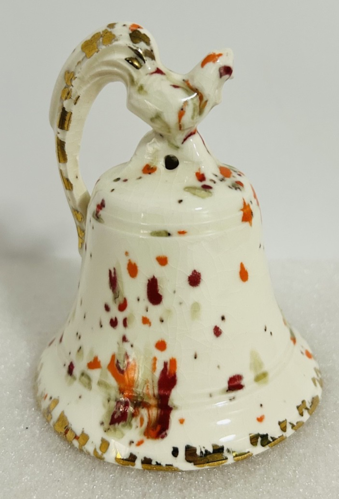 Vintage Splatter Art Pottery Butterfly Dish & Bird Bell Set 3pc