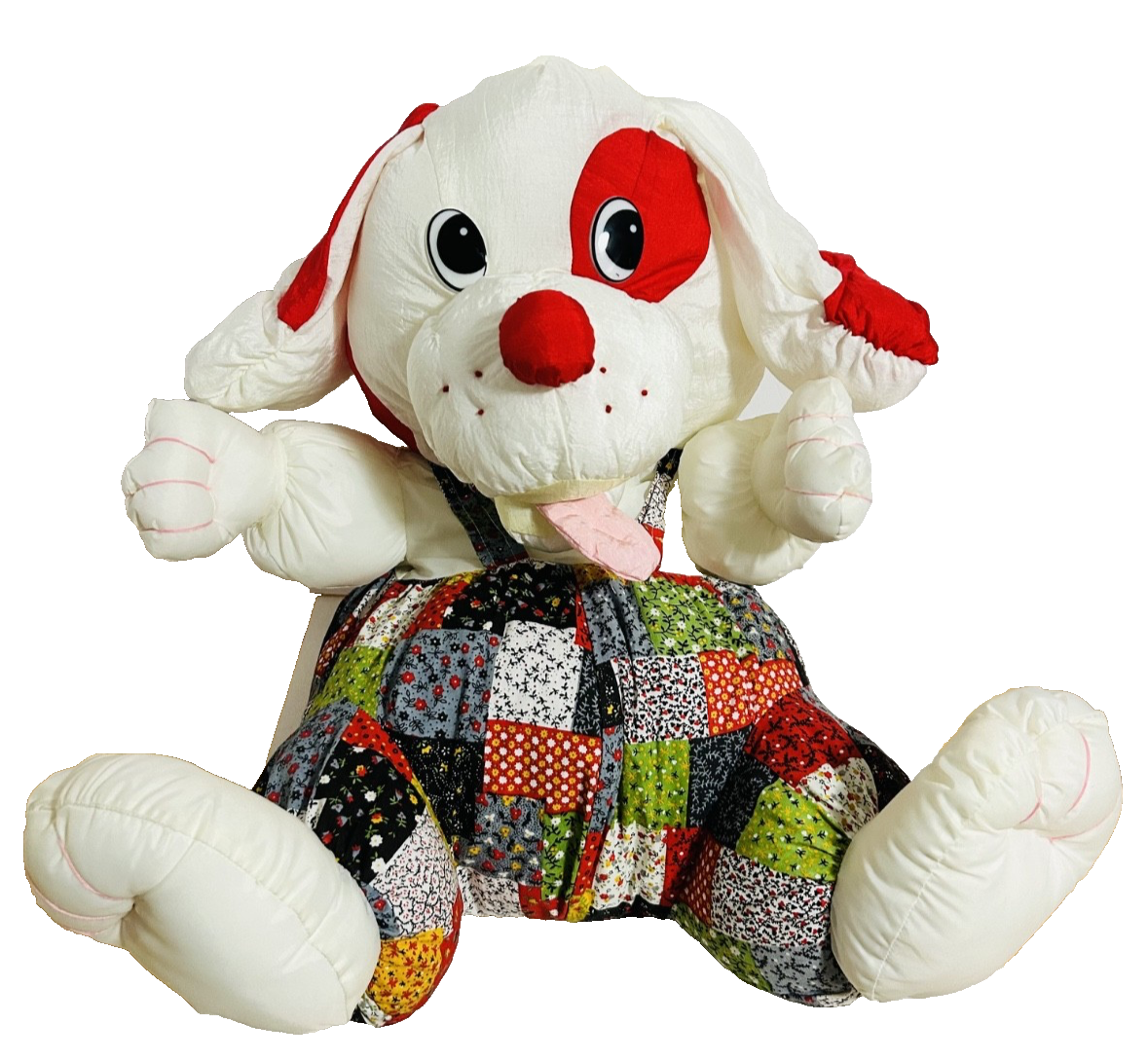 Vintage Large Plush Dog Patchwork Dress Red White 24” Stuffed Animal