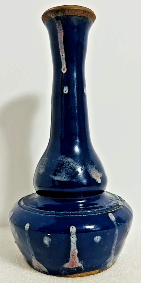 Vintage Studio Pottery Blue Drip Glaze Bud Vase Signed 8.5"