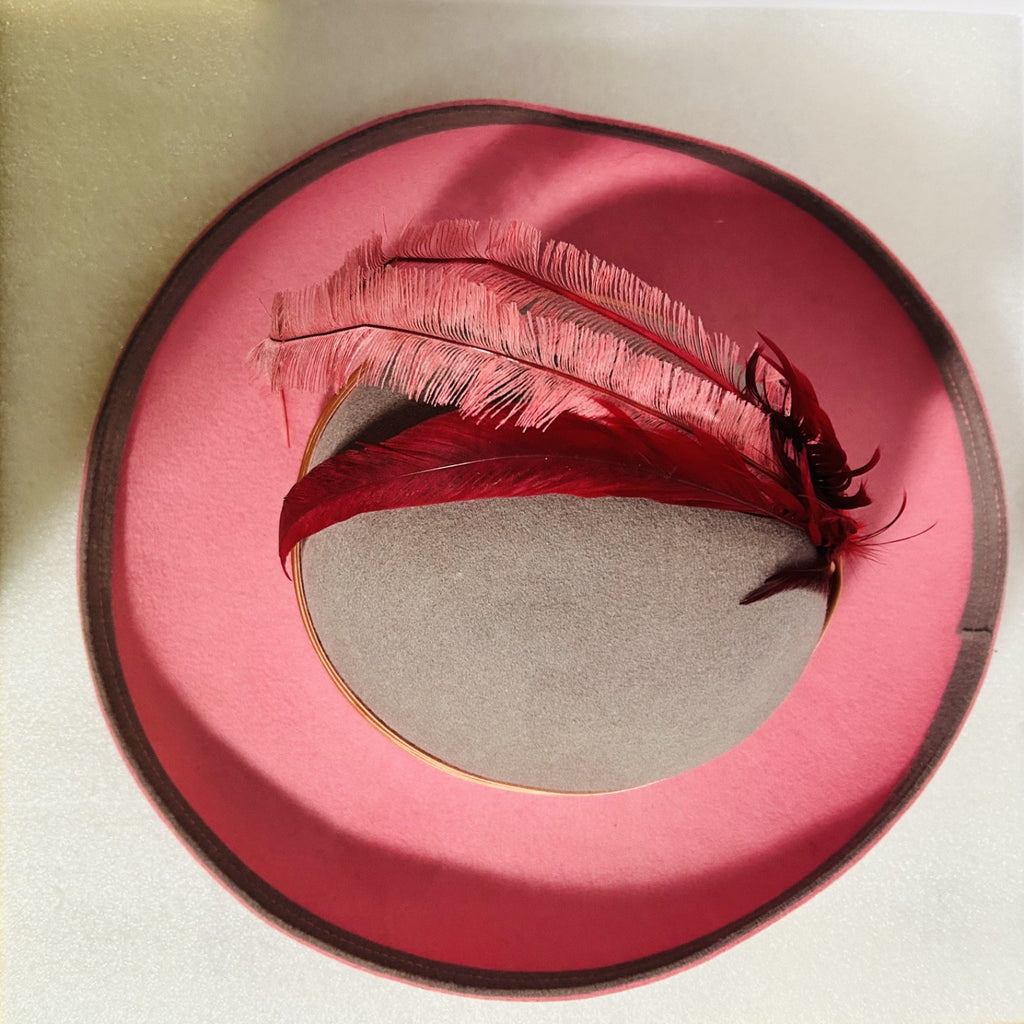 Vintage Geo W Bollman Pink Wool Felt Hat Feather Doeskin USA