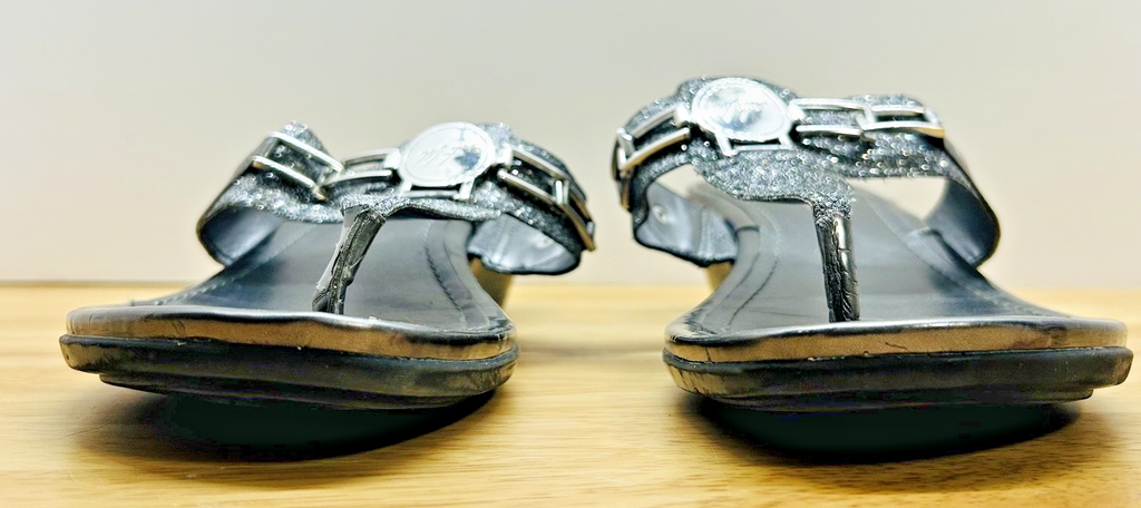 Marc Fisher Black Wedge Thong Sandals Womens Size 10M Glitter Strap