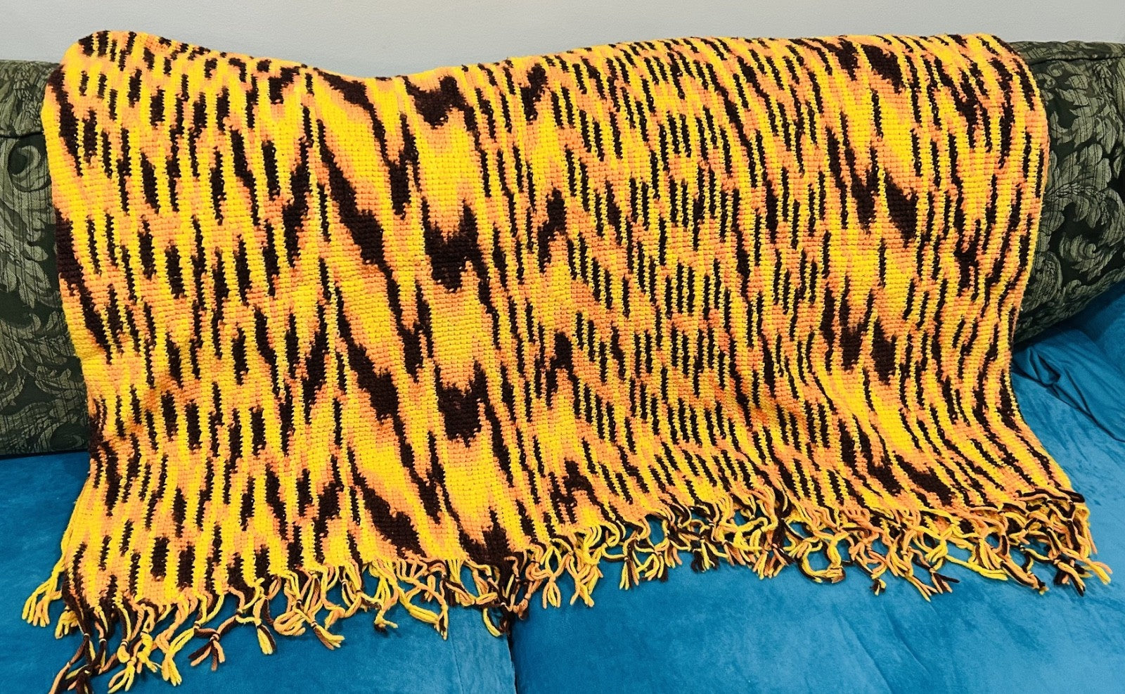 Handmade Crochet Tiger Stripe Throw Blanket 5x4 Ft Retro
