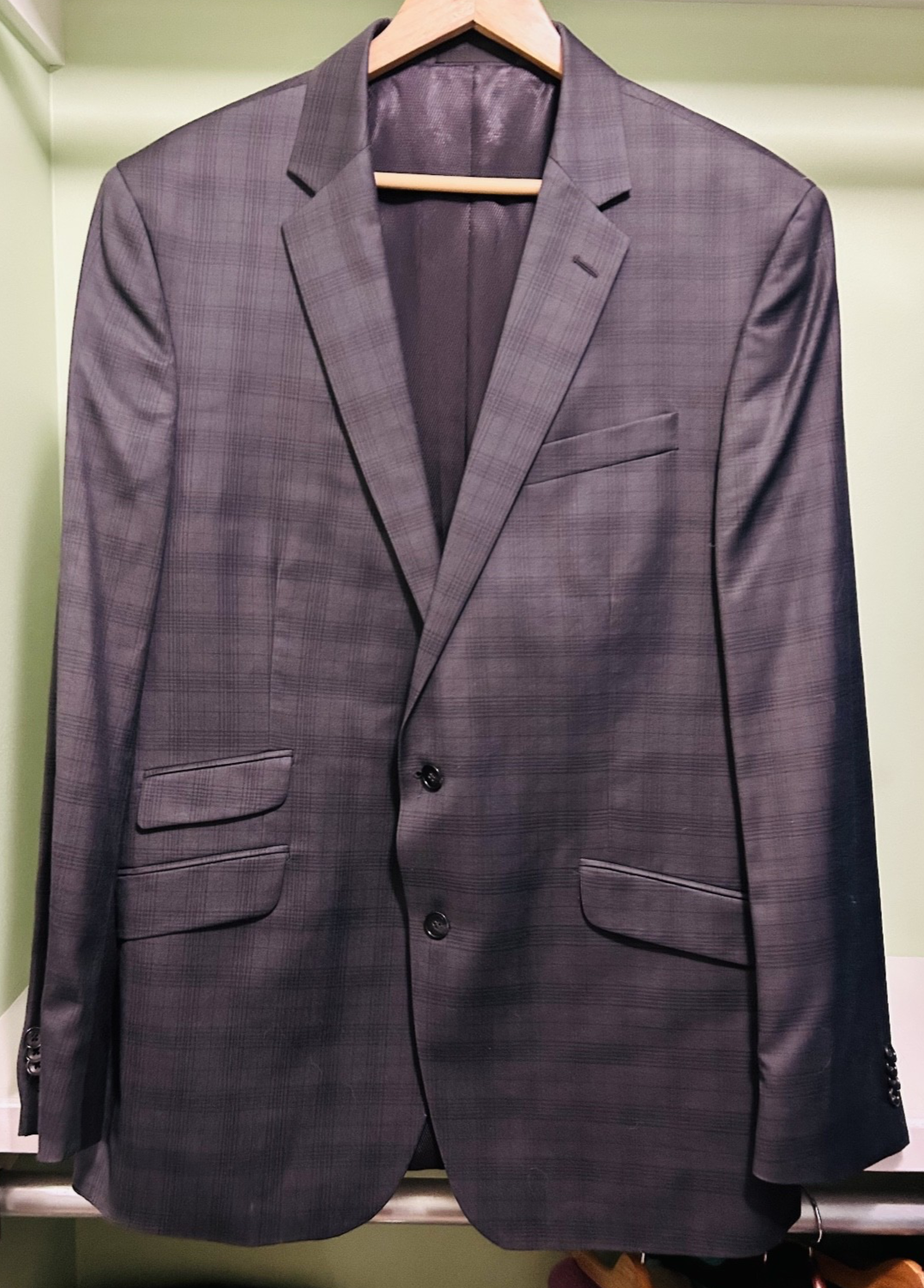 Kenneth Cole New York 46L Gray Plaid 100% Wool Sport Coat Blazer 2 Button
