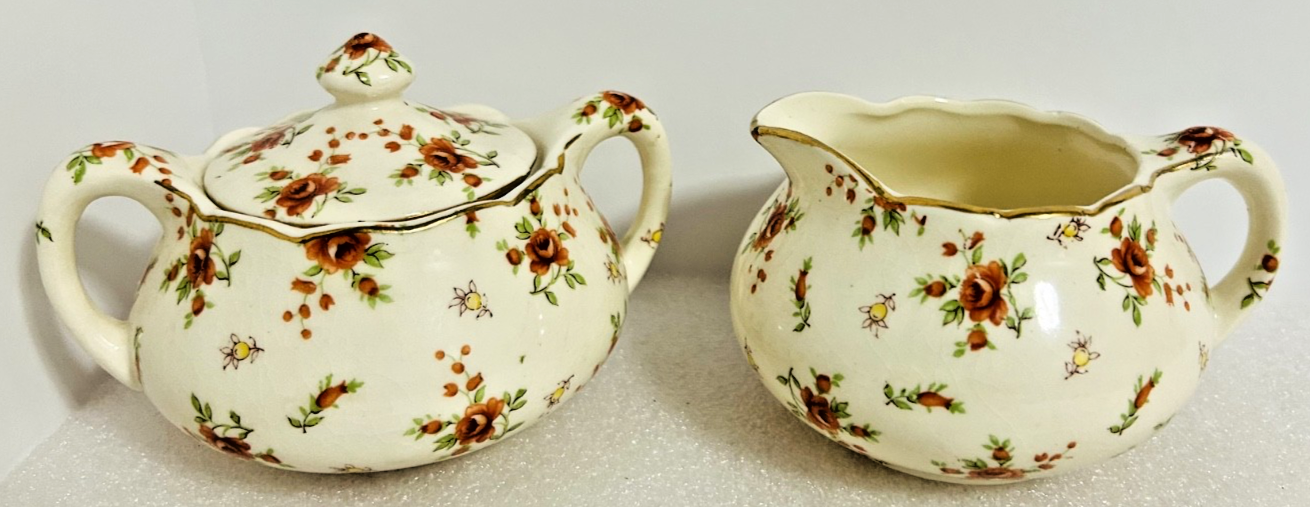 Vintage MM Japan Floral Creamer Sugar Bowl Set Gold Trim