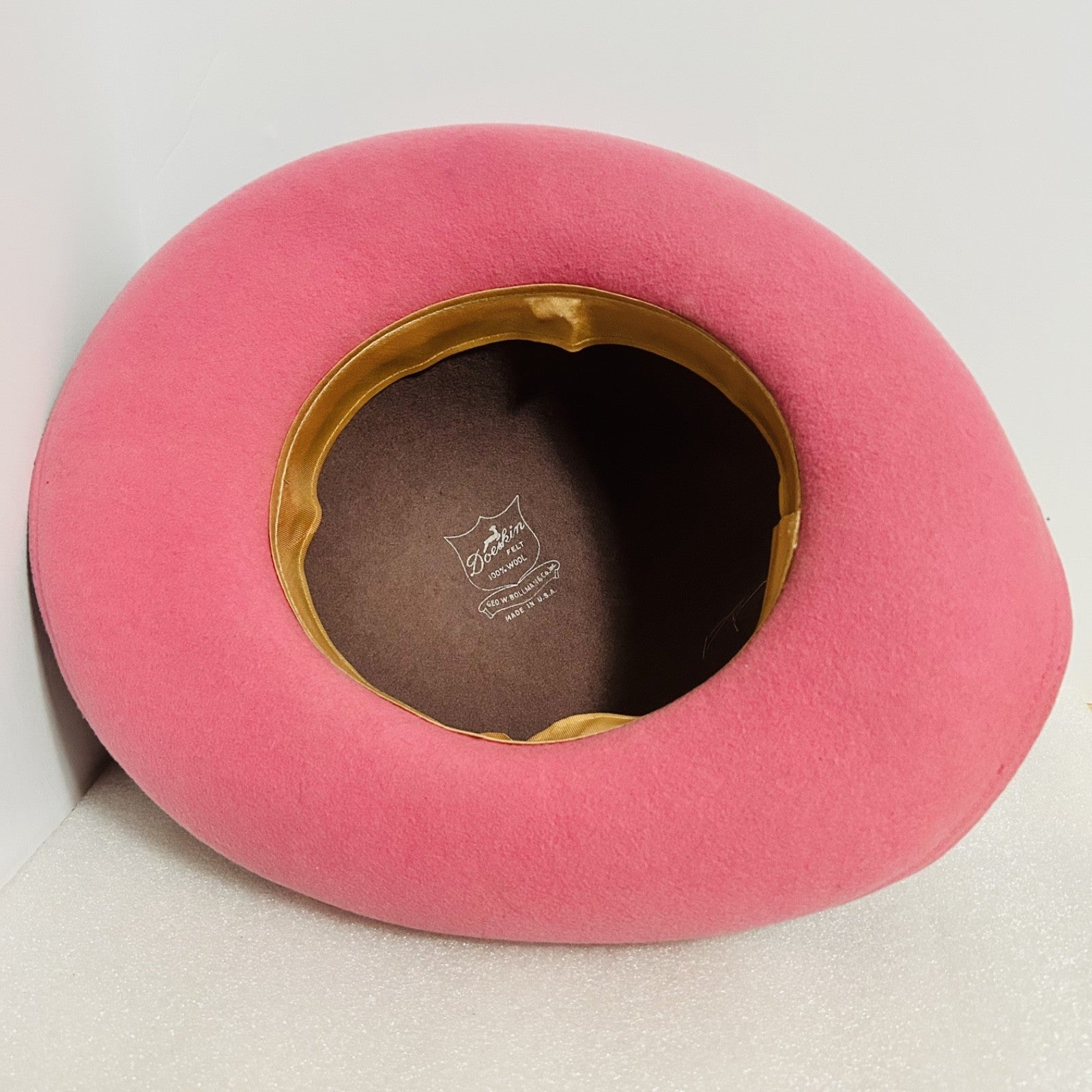 Vintage Geo W Bollman Pink Wool Felt Hat Feather Doeskin USA