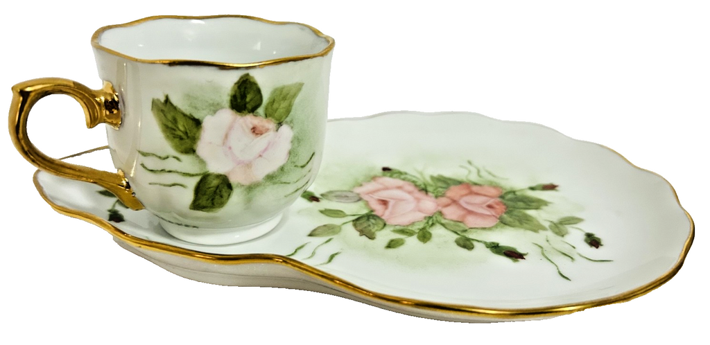 L Chevalier Limoges Demitasse Cup & Snack Plate Roses Gold 8”