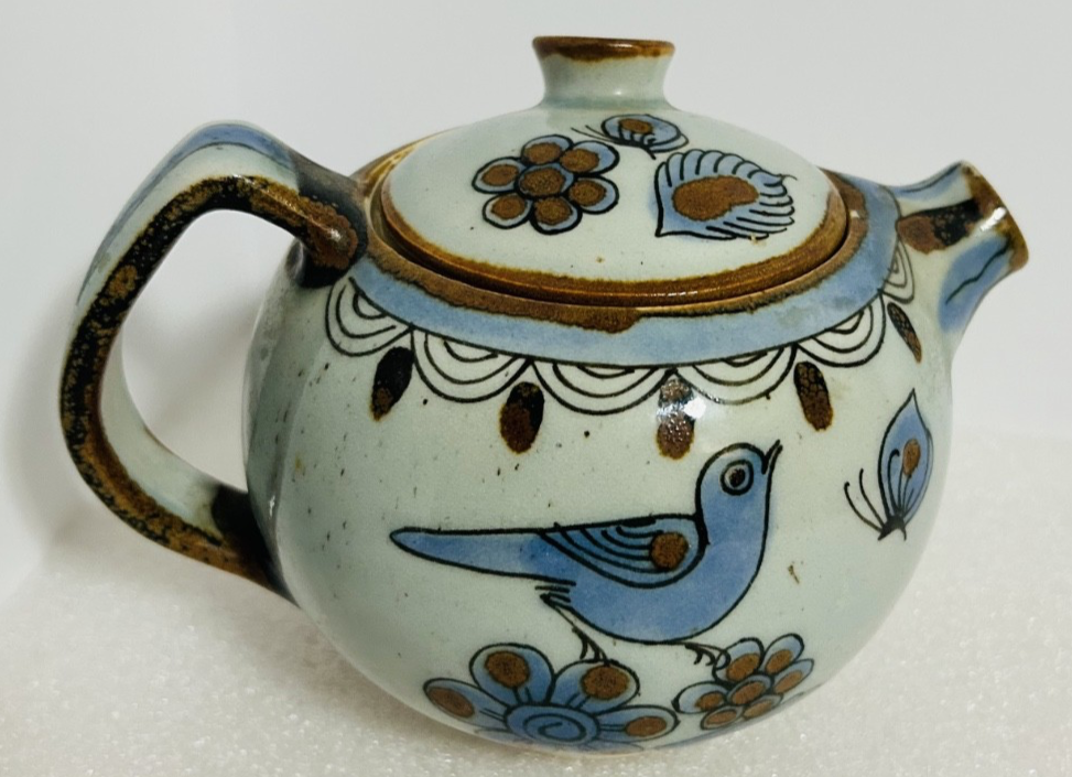 El Palomar Mexico Bird Teapot w Lid Tray Dish Set Blue Pottery VTG