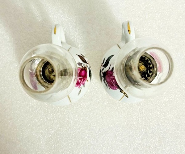 Vintage Mini Oil Lamps Pair Porcelain Floral Rose Hong Kong Glass Chimney