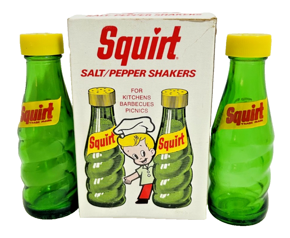 Vintage Squirt Soda Salt & Pepper Shakers w Box Green Glass Bottles