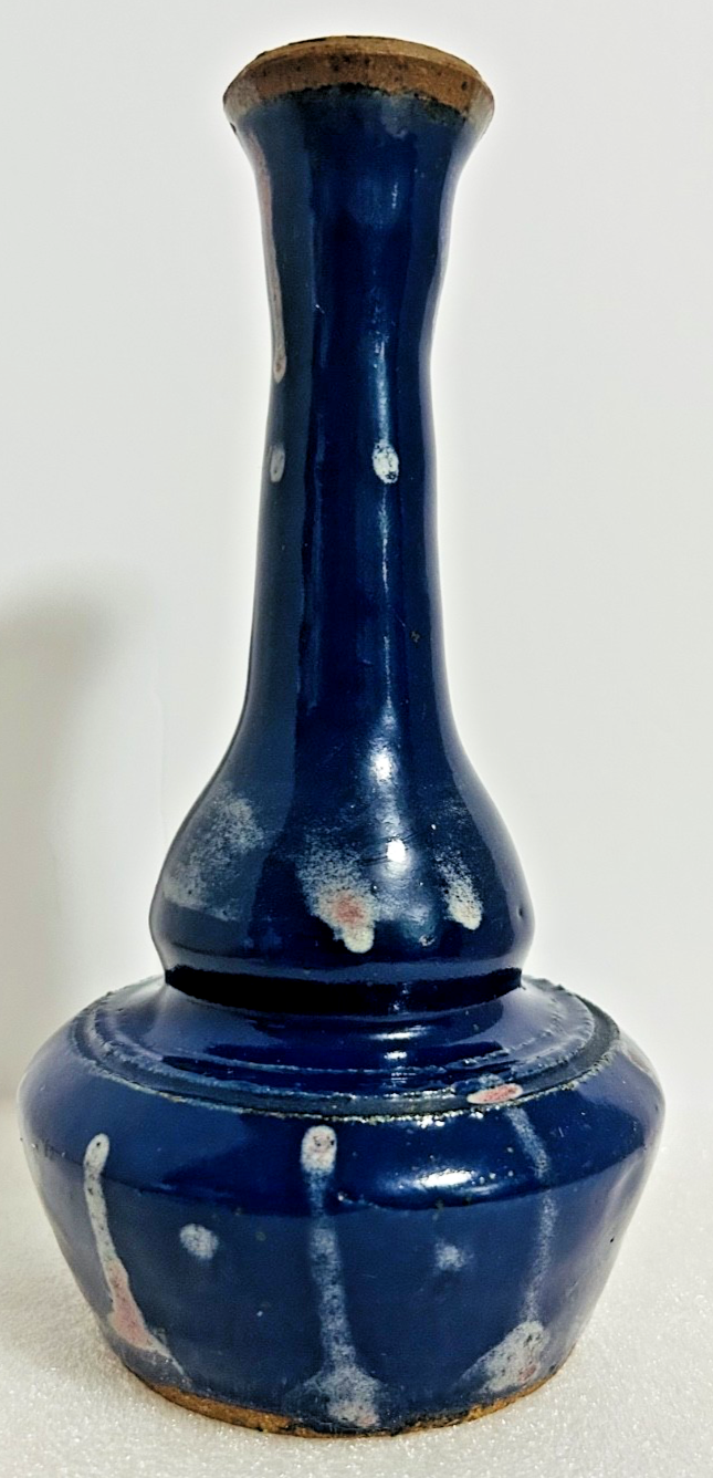 Vintage Studio Pottery Blue Drip Glaze Bud Vase Signed 8.5"