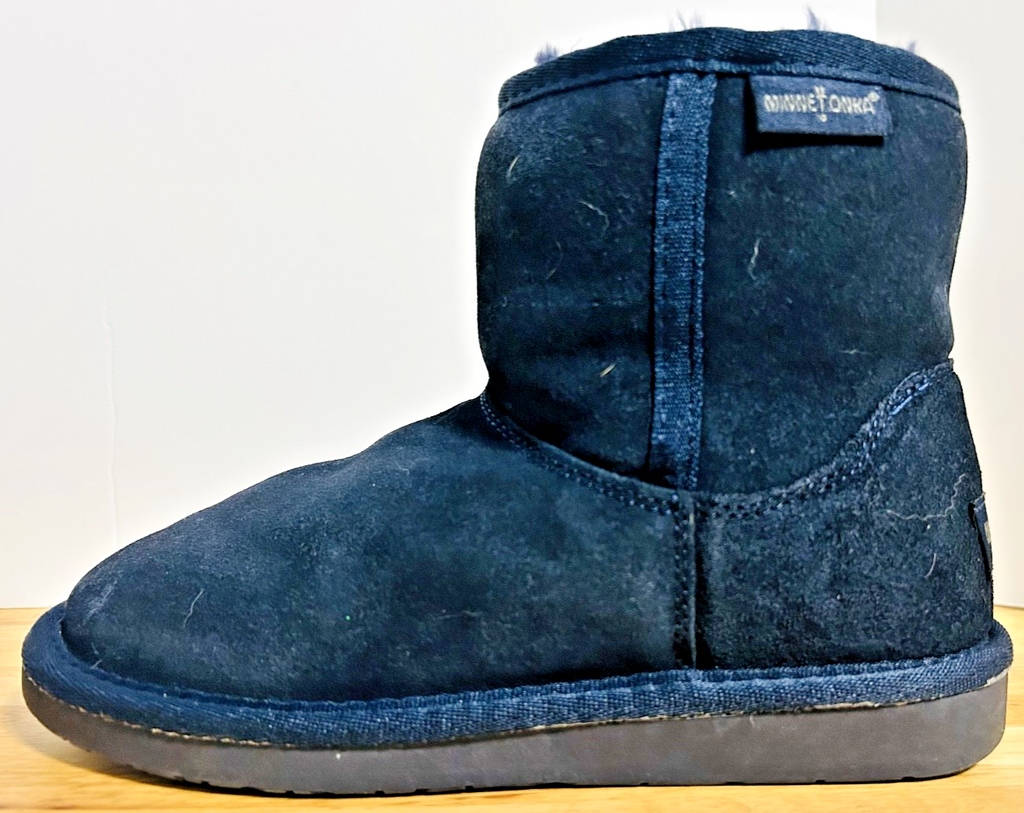 Minnetonka Olympia Short Boots Womens 6 Blue Suede Ankle Sheepskin Wool Lined