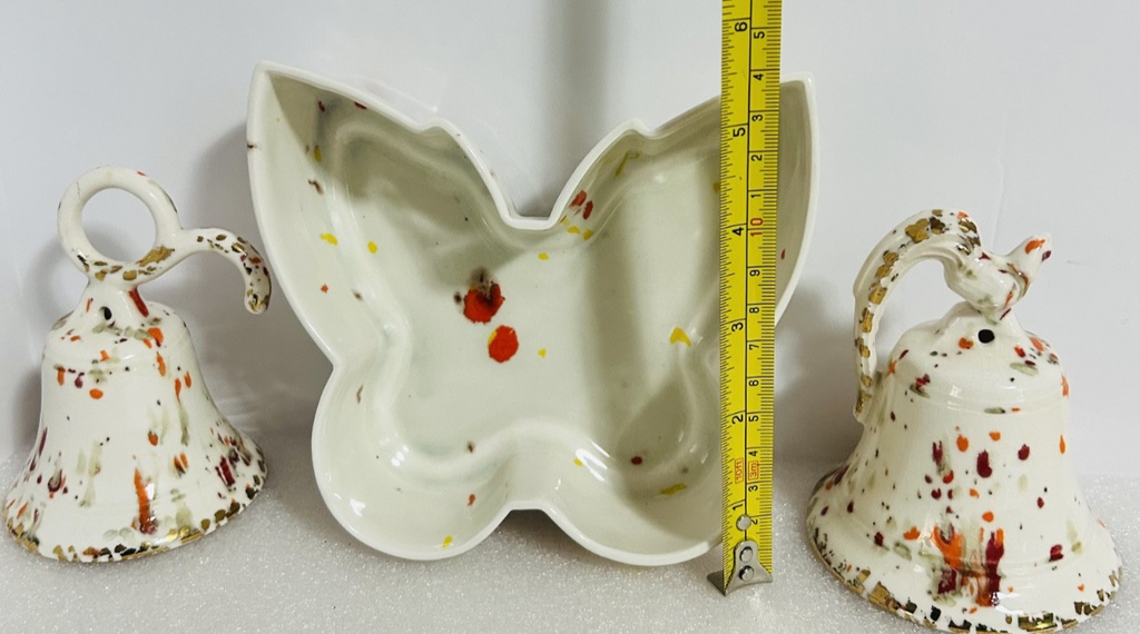 Vintage Splatter Art Pottery Butterfly Dish & Bird Bell Set 3pc