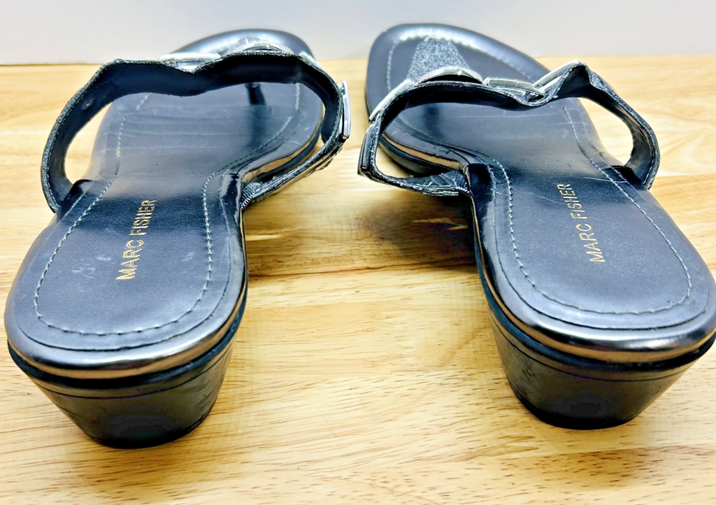 Marc Fisher Black Wedge Thong Sandals Womens Size 10M Glitter Strap