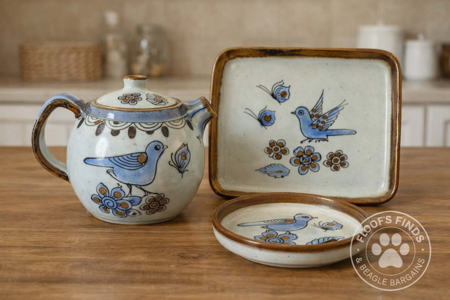 El Palomar Mexico Bird Teapot w Lid Tray Dish Set Blue Pottery VTG