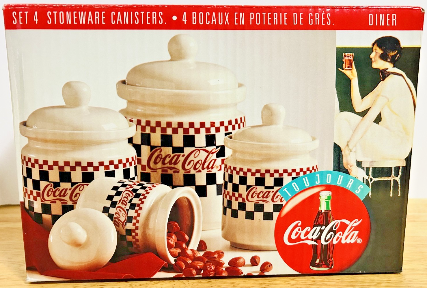 Vintage Coca-Cola Checkerboard Stoneware Canister Set of 4 w/ Lids & Box