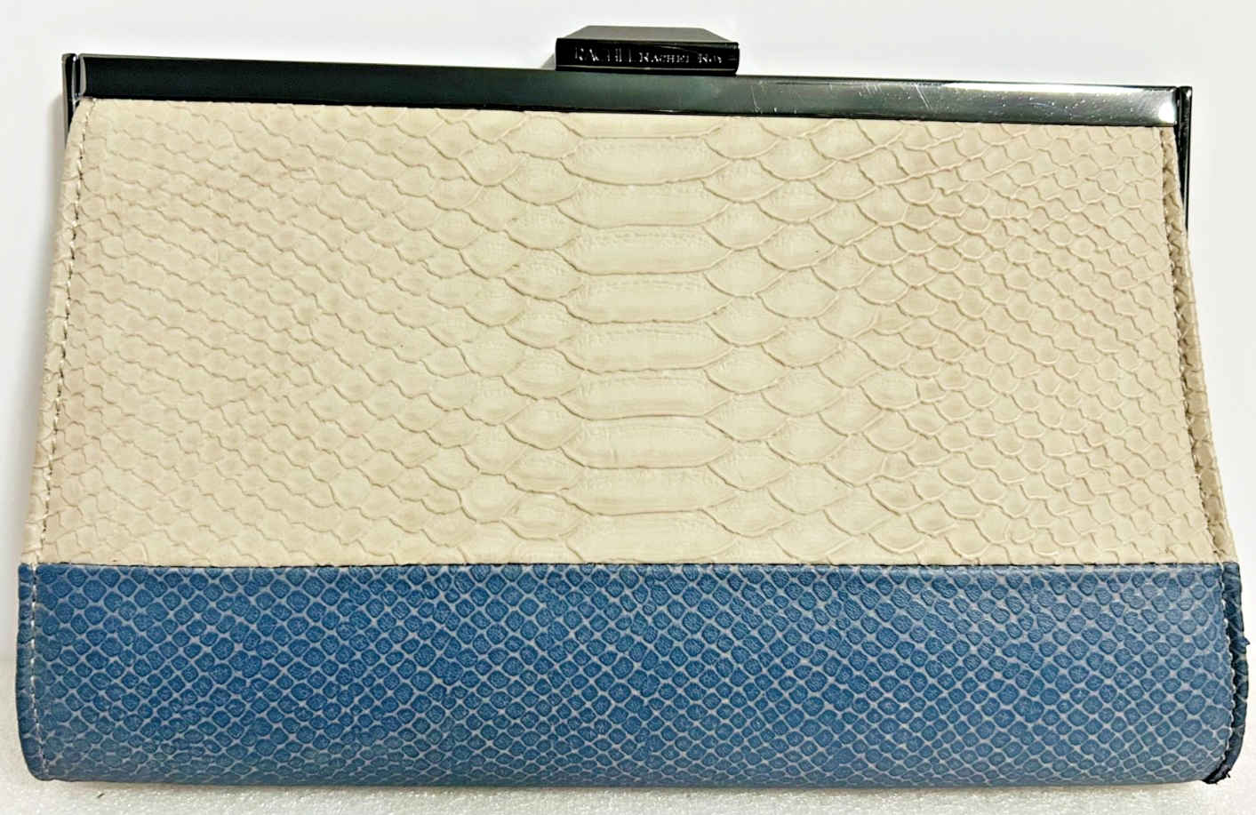 Rachel Roy Snakeskin Clutch Cream Blue Frame Evening Bag